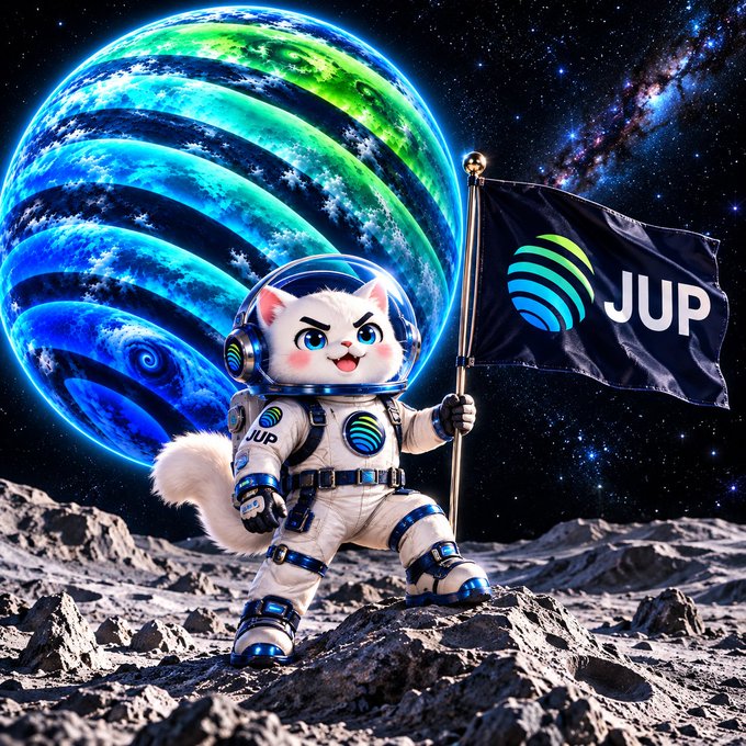 An AI-generated illustration of a white cat dressed as an astronaut holding a 'JUP' flag, standing on a rocky lunar-like surface with a glowing blue and green planet in the background.