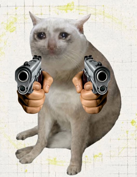 A sad-looking white cat sits holding two silver handguns pointed forward, rendered as a digital composite.