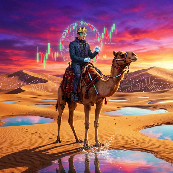 A crowned figure in a suit rides a decorated camel through a desert oasis at sunset, with neon cryptocurrency candlestick charts and circuit-board patterns overlaid on the surreal landscape.