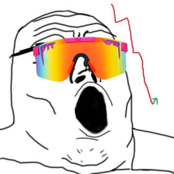 A rage comic-style meme drawing of a screaming, wrinkled face wearing colorful reflective sunglasses, with a red downward zigzag arrow and a small green upward arrow.