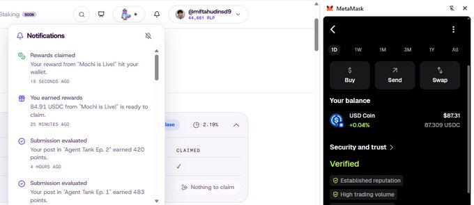 A screenshot shows a crypto rewards notification panel on the left ('Mochi is Live!' reward of 84.91 USDC) alongside a MetaMask wallet interface showing a balance of $87.31 in USD Coin.