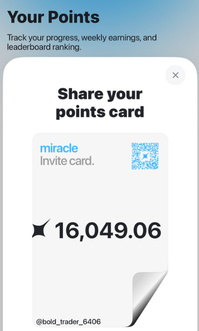 The image displays a phone screen showing an invoiting card with the number "16k" printed at the bottom of the credit card statement, indicating that 16,000 points have been accumulated. The user has recently earned this amount by participating in a project called "Miracle Invite Card". This project encourages users to track their progress and reward themselves with points for completing certain tasks or activities. The post mentions two key factors: the team at TGE @miracletrade has consistently followed this project, leading to numerous opportunities like Nado and Extended, where they have managed to build even more points as a result of participating in the "Miracle Invite Card" challenge.