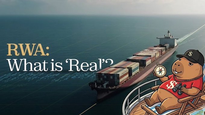 An article or thumbnail titled 'RWA: What is 'Real'?' features an illustration of a cartoon bear wearing a cap and holding binoculars next to a large container ship on the ocean.