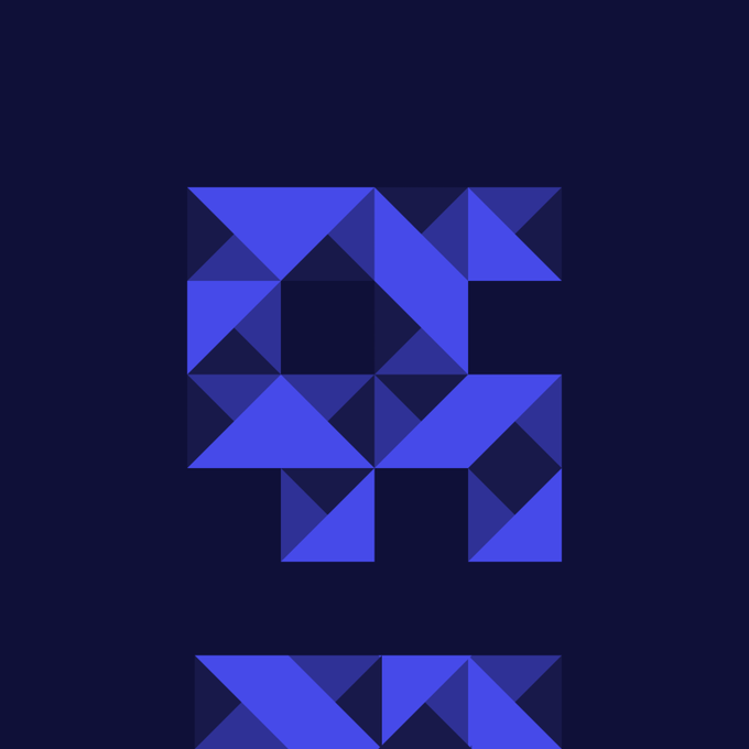 A geometric abstract artwork composed of various blue and dark blue triangles arranged on a navy blue background, forming a stylized letter 'R' shape.