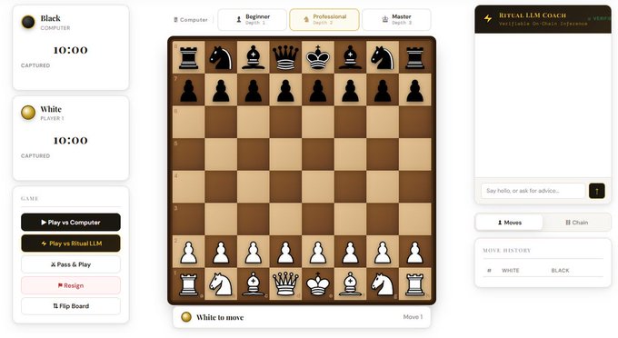 The image shows a screenshot of a chess game with a player named "Tama Save Gamifield" at the bottom left corner, which appears to be a part of an online chess community or testing service like "ritual". The image also contains text in the lower right corner that says, "RITUAL Testnet Day 19 of trying out community dapps. 2 pretty interesting d apps 1/ Tama Save Gamifield tamasave.vercel.app by @0xdhyzal I create a ." This seems to be an instruction or guidance for users of the chess testing service about how to use and interact with their game.