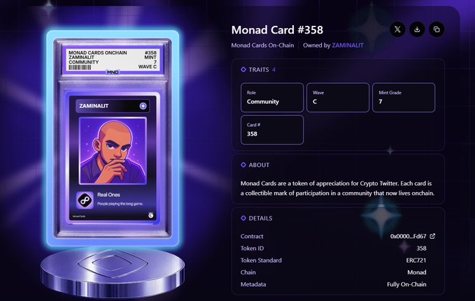 A digital trading card displaying "Monad Card #358" featuring the username "ZAMINAULIT" in the Community role (Wave C, Mint Grade 7), tokenized on the Monad blockchain—matching the post's announcement of Monad cards being live onchain with a "BALDNAD" twist on the classic Gmonad meme.
