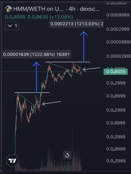 A candlestick chart for HMM/WETH on Uniswap (4-hour timeframe) shows a massive +1213.03% gain to 0.00022313, with a smaller earlier move of +1222.66% from 0.00001639 to 0.00016391, illustrating the meme coin's explosive two-month pump alongside the poster's warning about missing the "WIF of this bull market."