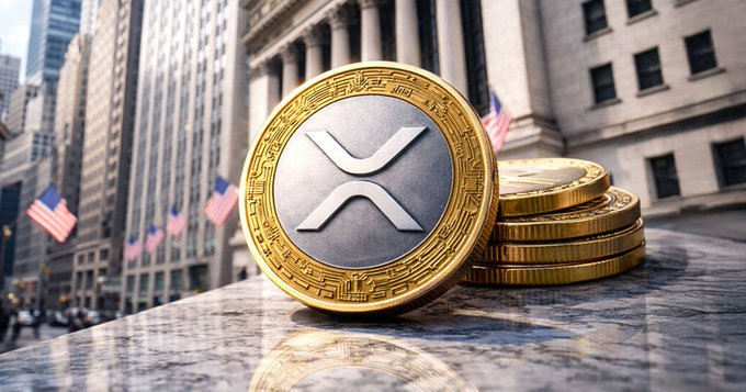 A close-up of an XRP cryptocurrency coin displayed on a marble ledge with a stack of gold coins behind it, set against a backdrop of American flags and city buildings.