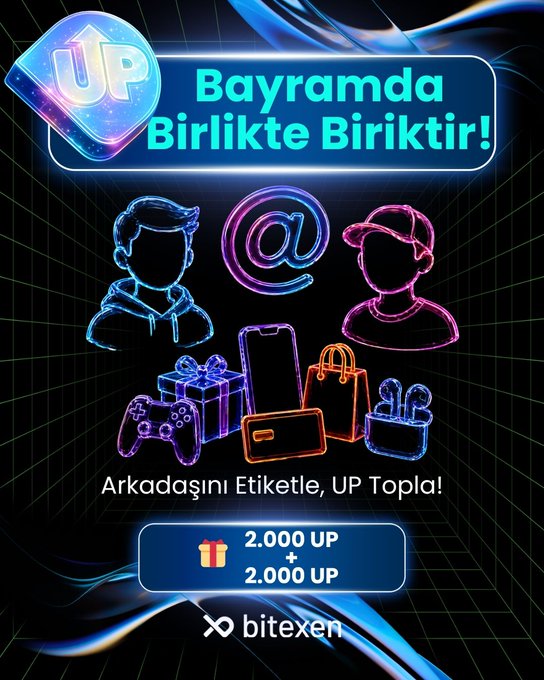 The image features an advertisement with a black background that has neon colors. The main focus of the image is two people standing next to each other, both wearing hats. They are surrounded by various items such as gift bags, cell phones, and a wallet. There's also a sign in the image that says "Up" followed by some text in another language. The background of the image has a blue and purple color scheme with neon lights.