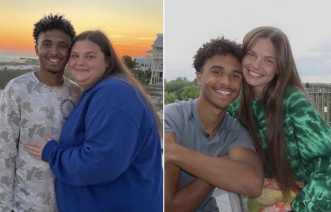A side-by-side comparison showing the same young man with two different women—on the left, he poses with a woman in a blue sweatshirt at sunset near a beach house, and on the right, he embraces a woman in a green tie-dye shirt outdoors.