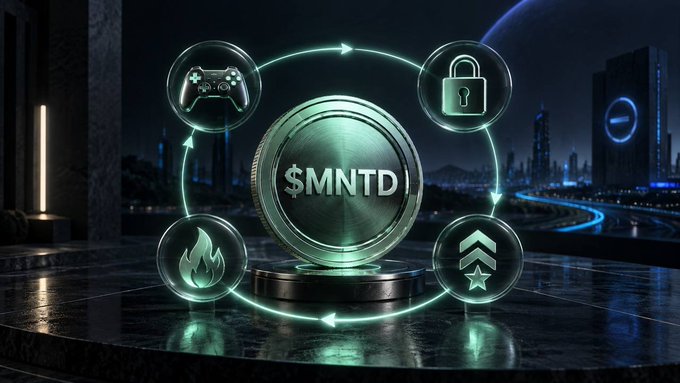 Futuristic 3D render showing a metallic coin labeled '$MNTD' in a glowing circular display with surrounding icons representing gaming, security, fire, and military rank, set against a nighttime cityscape.