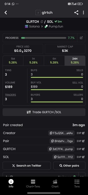 A mobile screenshot of a cryptocurrency tracking app showing a token called 'glrtch' on the Solana network, with a market cap of $3K, a price of $0.00003270, and a 24H change of 5.28%.