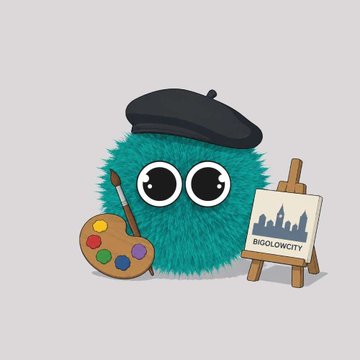 A cute cartoon illustration of a fluffy teal creature wearing a black beret, holding an artist's palette with paint, standing next to an easel displaying 'BIOLOWCITY' with a city skyline.