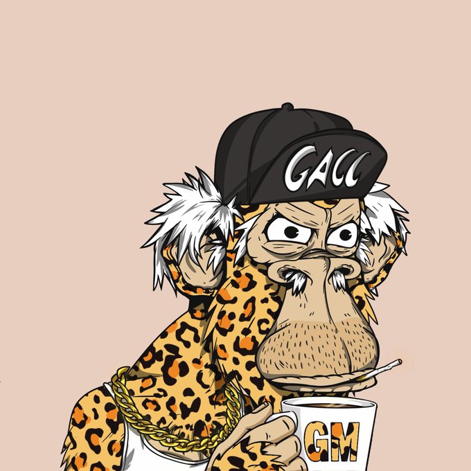 A cartoon illustration of an elderly monkey with white hair, wearing a black cap with 'GACC' and a leopard-print outfit with gold chains, holding a cup labeled 'GM'.