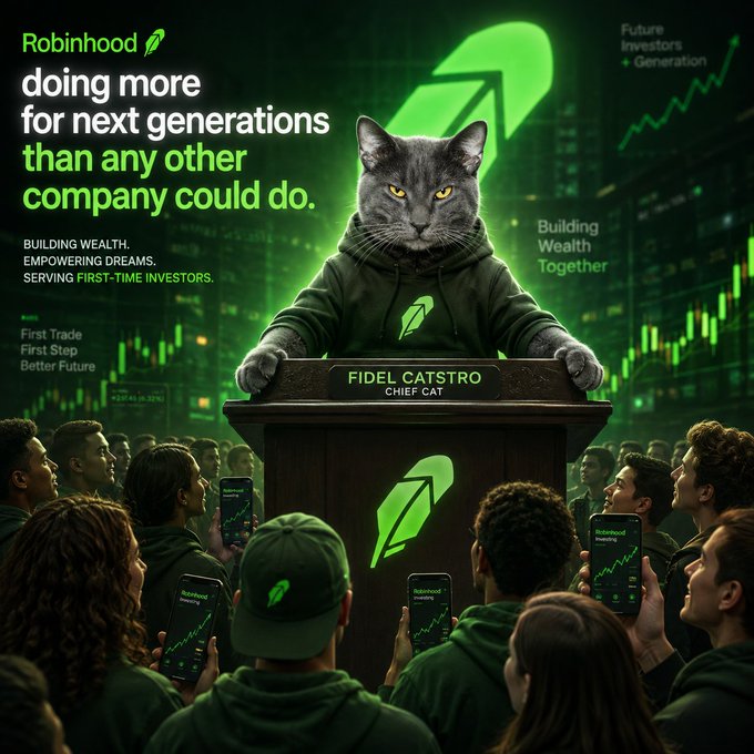 A Robinhood promotional image featuring a gray cat in a hoodie standing at a podium labeled 'FIDEL CATSTRO, CHIEF CAT', addressing a crowd holding phones displaying rising stock charts, with text reading 'Robinhood: doing more for next generations than any other company could do' and 'BUILDING WEALTH. EMPOWERING DREAMS. SERVING FIRST-TIME INVESTORS.'
