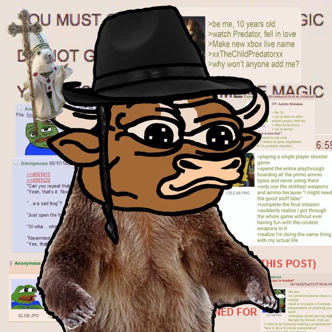 A surreal collage featuring a character wearing a black fedora and a wide-brimmed hat, combined with a ferret or weasel body, set against a chaotic background of forum posts with visible text like 'xxTheChildPredatorxx' and 'Anonymous'.
