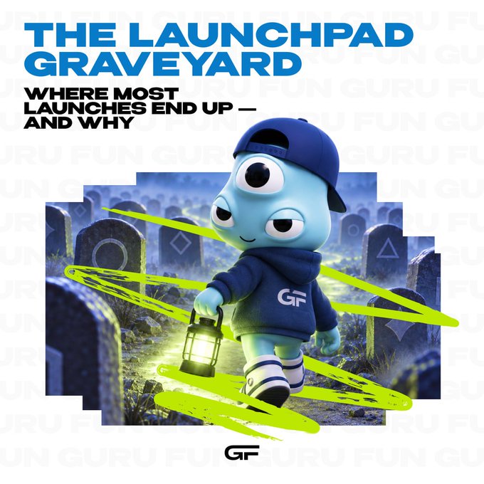 A graphic titled 'THE LAUNCHPAD GRAVEYARD - WHERE MOST LAUNCHES END UP - AND WHY' featuring a blue cartoon character with three eyes wearing a cap and holding a lantern in a graveyard setting.