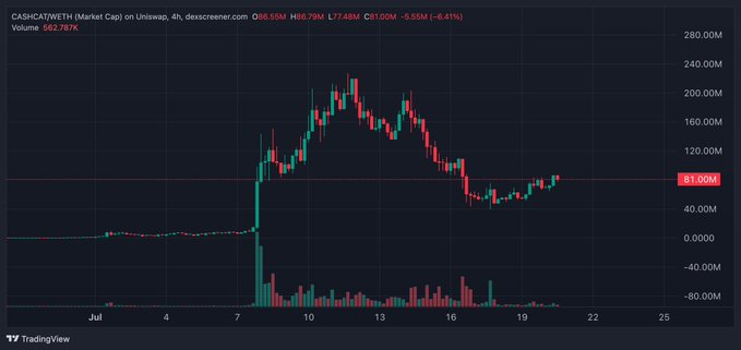 TradingView 4-hour candlestick chart for CASHCATWETH (Market Cap) showing price action from July, with a peak around 240.00M and current value of 81.00M, down 6.41%.