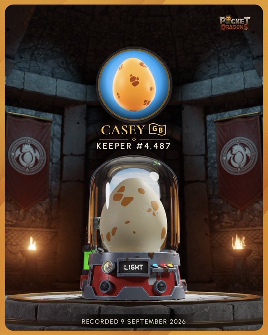 A Pocket Dragons digital collectible card featuring 'CASEY' Keeper #4,487, showing a speckled egg in a labeled 'LIGHT' incubation pod, recorded 9 September 2026.