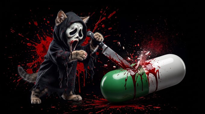 A cat dressed in a black hood and skull mask holds a knife beside a large green-and-white capsule, with red liquid splashing dramatically across the black background.