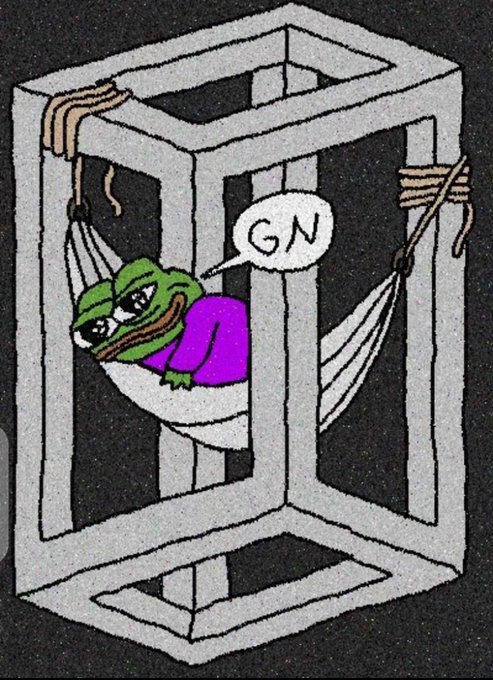 A cartoon-style image of Pepe the Frog wearing a purple shirt, sleeping in a hammock inside a wooden cage with a speech bubble saying "GN" (good night).