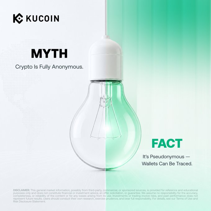 A KuCoin infographic busts the myth that crypto is fully anonymous, showing a split lightbulb design that contrasts the false claim on the left with the fact on the right that crypto is pseudonymous and wallets can be traced.