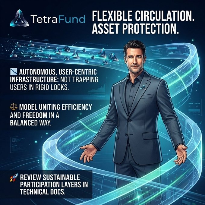 A promotional graphic for TetraFund features a suited man surrounded by flowing blue energy streams, highlighting key text including "FLEXIBLE CIRCULATION. ASSET PROTECTION." and bullet points about autonomous infrastructure, efficiency, and sustainable participation layers, visually reinforcing the post's message about flexible asset management without rigid locks.