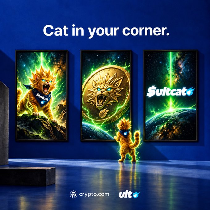 Crypto.com promotional graphic titled 'Cat in your corner' featuring 'Sultcat' branding, displaying three framed neon-lit posters of a fierce orange cat with glowing green eyes alongside a small 3D cat figurine.