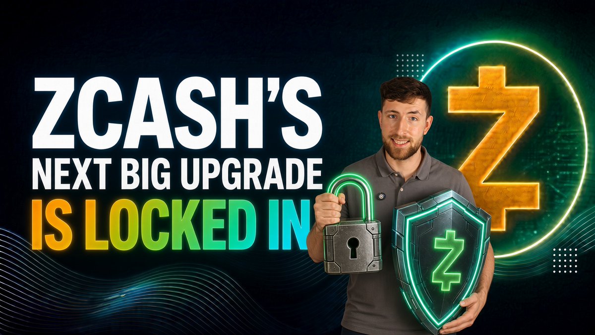 A man stands holding a padlock and a shield displaying the Zcash logo, next to text reading 'ZCASH'S NEXT BIG UPGRADE IS LOCKED IN' against a dark, neon-accented background.