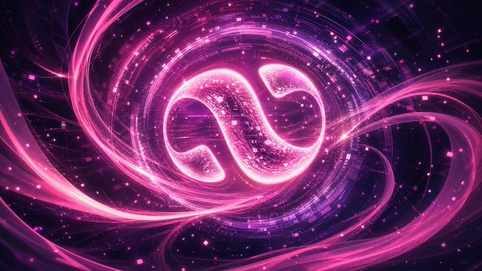 An abstract digital artwork featuring a glowing pink and purple swirling design resembling an infinity symbol or stylized letter against a dark background with light particles.