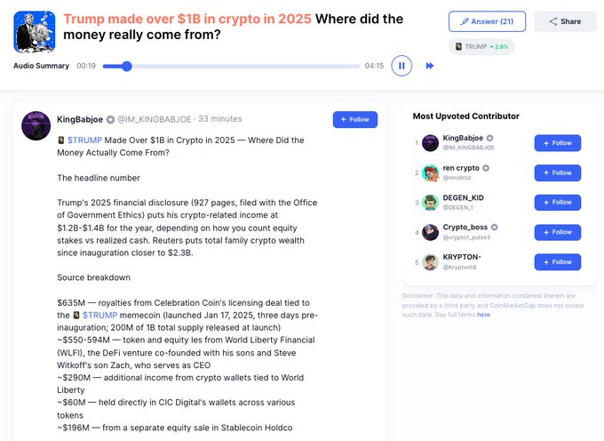 A screenshot from CoinMarketCap showing KingBabijoe's thread breaking down Trump's $1B+ crypto income in 2025, including $635M from the $TRUMP memecoin, $290M from World Liberty Financial ($WLFI), and $196M from a Stablecoin Holdco equity sale, aligning with the post's analysis of his disclosure figures.