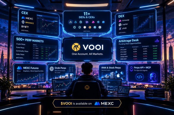 Futuristic crypto trading dashboard advertisement for VOOI showing 'One Account. All Markets.' with panels for CEX (MEXC, Binance, Bybit), 11+ DEXs, 500+ PERP Markets, and Arbitrage Desk, noting '$VOOI is available on MEXC'.