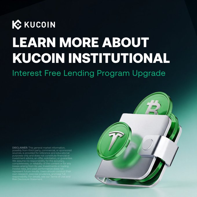 KuCoin Institutional promotional image announcing the "Interest Free Lending Program Upgrade," featuring the KuCoin logo and a 3D rendering of a money clip holding Bitcoin and Tether coins, aligning with the announcement of native UTA interest-free lending now live with up to $3M USDT borrowing capacity.