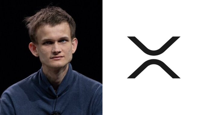The image shows a young man with short brown hair wearing a dark zip-up jacket on the left, alongside the black XRP logo on a white background on the right. The composition visually pairs an Ethereum founder figure with the XRP cryptocurrency brand, accompanying the quote praising XRP over Bitcoin.