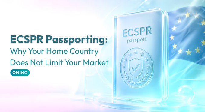 A promotional banner for an ONINO article titled 'ECSPR Passporting: Why Your Home Country Does Not Limit Your Market,' featuring a digital passport and EU flag.