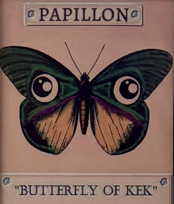 The image features a butterfly with green wings, which appears to be a PAPILLON. Below the butterfly, there's text that reads " Butterfly of Kek" along with an explanation about butterflies. The caption also includes the word "PAPILLON".