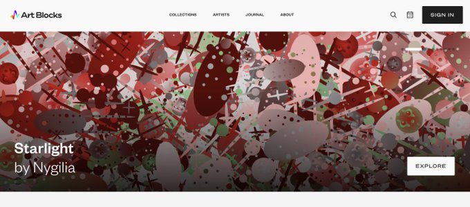 Art Blocks website header showing an abstract red and pink artwork titled 'Starlight' by Nygilia with an 'EXPLORE' button.