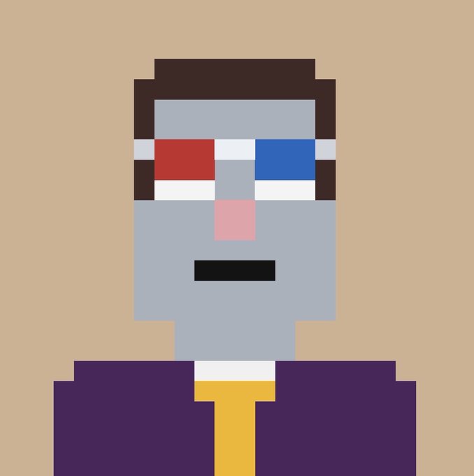 A pixel-art style minimalist portrait of a person with a neutral expression, dark hair, and heterochromatic red and blue eyes, wearing a purple shirt with a yellow tie against a tan background.