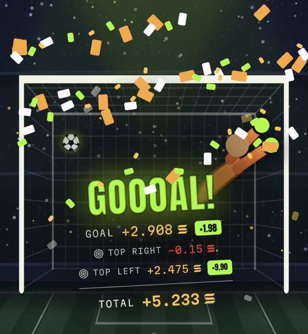The image features a soccer goal with a scoreboard showing that there are 2 goals scored, 1 of which was made by a player using a neon green ball. The scoreboard also displays the total number of points earned by the players, along with their respective positions on the field and the time remaining in the game.