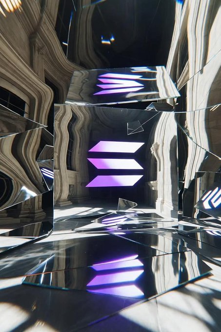 An abstract 3D digital art piece featuring fragmented reflective surfaces and mirrored shards with glowing purple and white chevron-like shapes against a dark background.