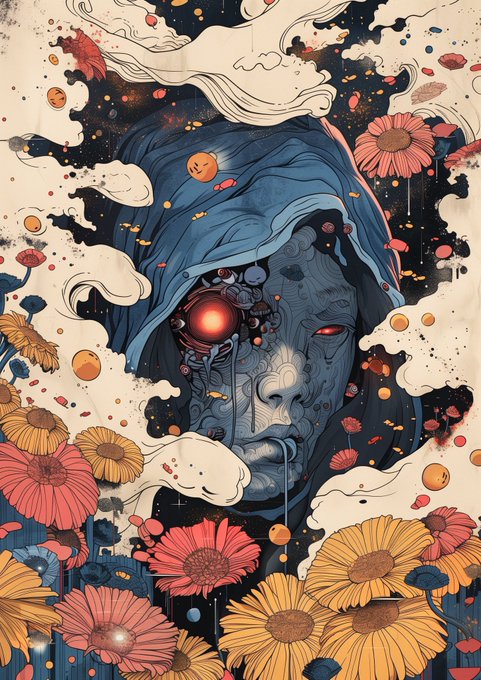 A surreal illustration of a blue-skinned figure with glowing red eyes surrounded by swirling clouds and colorful orange and pink flowers.