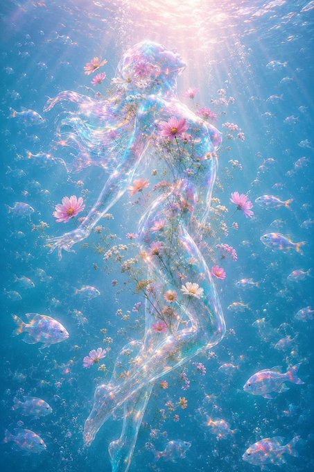 An artistic, iridescent underwater scene showing a translucent humanoid figure surrounded by pink and white flowers and small fish in a bright blue ocean.