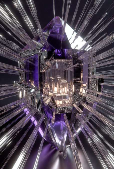 An abstract geometric sculpture featuring a purple amethyst crystal centerpiece surrounded by radiating clear crystal or glass spikes against a dark background.