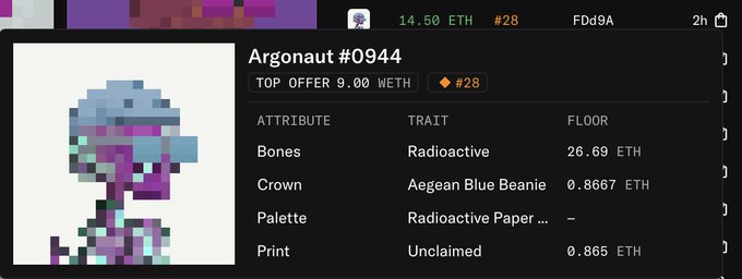 The image shows an NFT listing for "Argonaut #0944" priced at 14.50 ETH (#28 rarity rank) on OpenSea, featuring pixelated character attributes including Radioactive bones, an Aegean Blue Beanie crown, and Radioactive Paper palette. The caption humorously justifies the 14.5 ETH purchase price of this rare Argonaut NFT by framing it as a worthwhile investment for a "chief mate" joining a crew, suggesting the buyer is building a collection of high-ranked pirate-themed digital assets.