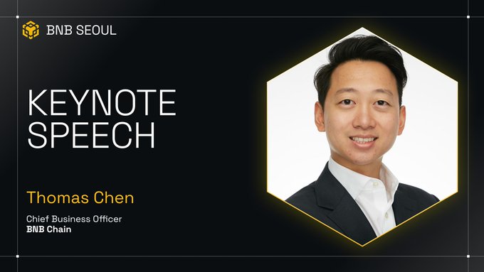 Promotional graphic for BNB Seoul's keynote speech featuring Thomas Chen, Chief Business Officer of BNB Chain, announcing his opening address on the current state and future direction of the blockchain.