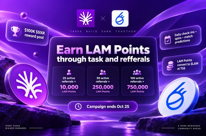 A purple promotional graphic titled 'Earn LAM Points through task and referrals' showing a reward structure: 25 referrals equals 10,000 points, 50 equals 250,000, and 100 equals 750,000, with a $100K prize pool and a campaign ending October 25.