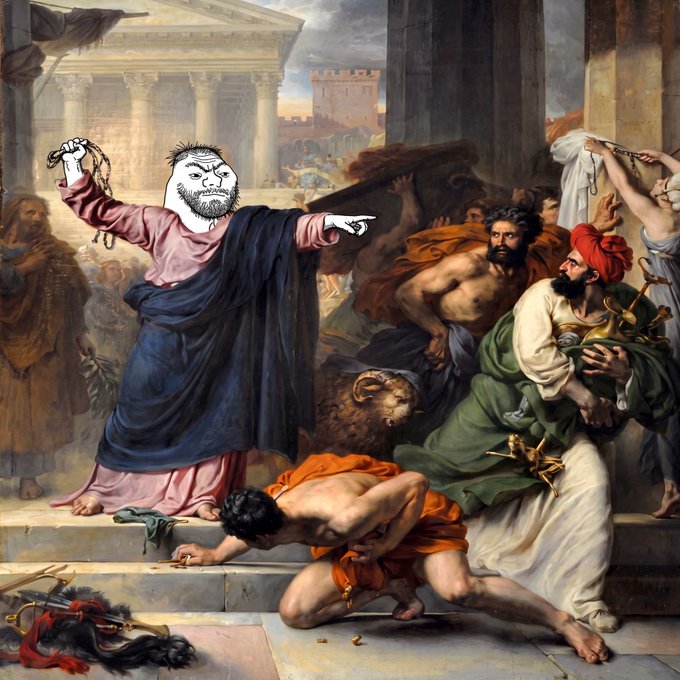 A classical painting depicting a biblical scene where a figure in robes points accusingly, with a meme-style bearded face edited onto the central character's head.