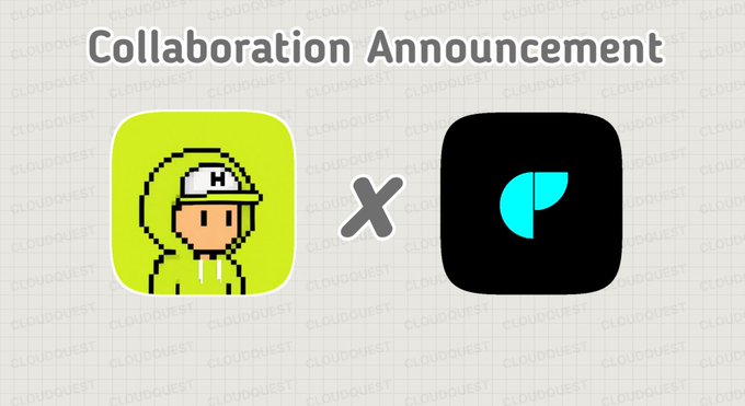 'Collaboration Announcement' graphic showing a green app icon with a pixel character wearing a hard hat and a black app icon with a teal leaf logo, separated by an 'x' on a 'CLOUDQUEST' watermarked background.