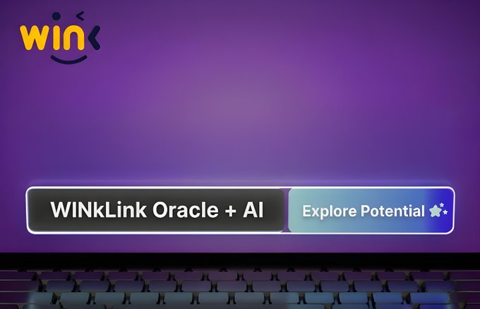 The image features a sleek purple background with the "win" logo in the top left, and prominently displays two buttons reading "WINkLink Oracle + AI" and "Explore Potential," visually emphasizing the platform's focus on advanced oracle technology and AI integration for securing DeFi against flash loan attacks.