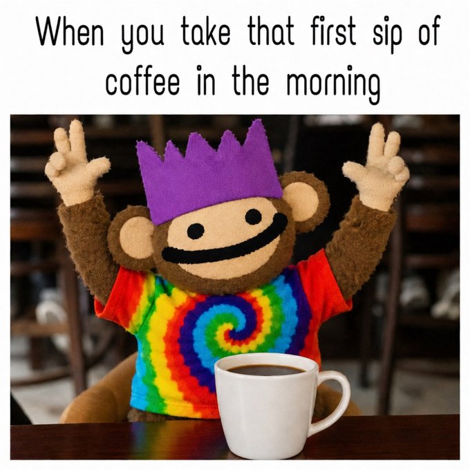 A meme featuring a plush toy wearing a purple crown and tie-dye shirt with arms raised in celebration next to a coffee mug, captioned 'When you take that first sip of coffee in the morning'.